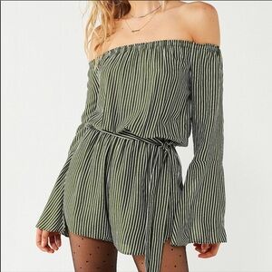 Urban Outfitters Green and White Striped Off the Shoulder Romper